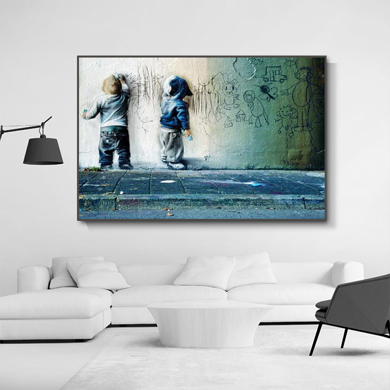 Nursery Kids Boys Scrawl Wall Art Sparring Canvas Printing Banksy Graffiti For Wall Decor Abstract Poster and Print