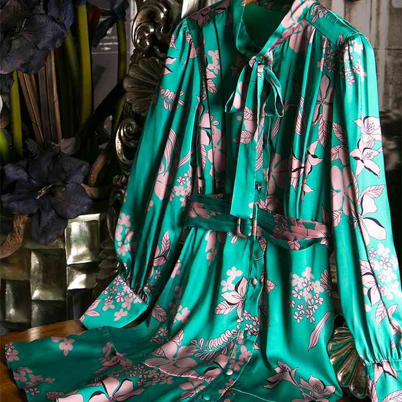 Summer Fashion Runway Bow tie Dress Women Long Sleeve Belted Ruffles Floral Print Ladies Vintage Dresses vestido 210522