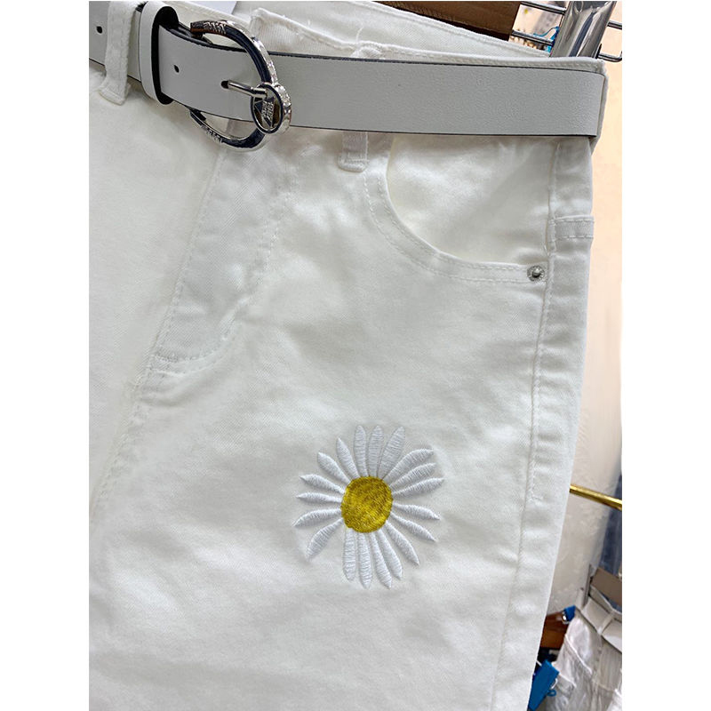 Spring Summer Korea Fashion Women High Waist White Harem Pants Daisy Embroidery Loose Casual Cotton Denim S284 210512
