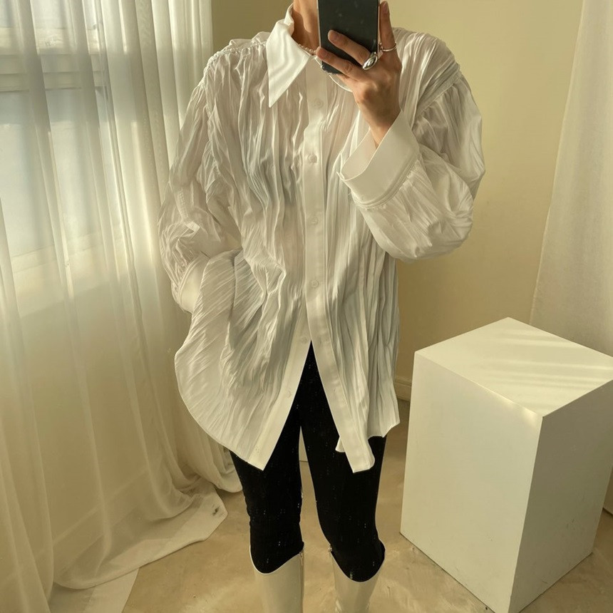 Spring Women's Fashion Folds Blouse Single Breasted Turn-down Collar Long-sleeved Minimalist Loose Shirt Female 210427