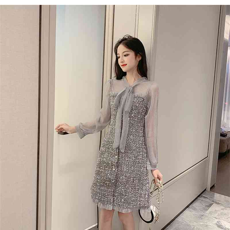Autumn And Winter Sexy See-Through Mesh Tweed Dress Ribbon Bow Single-Breasted Long Sleeve Chic 210520