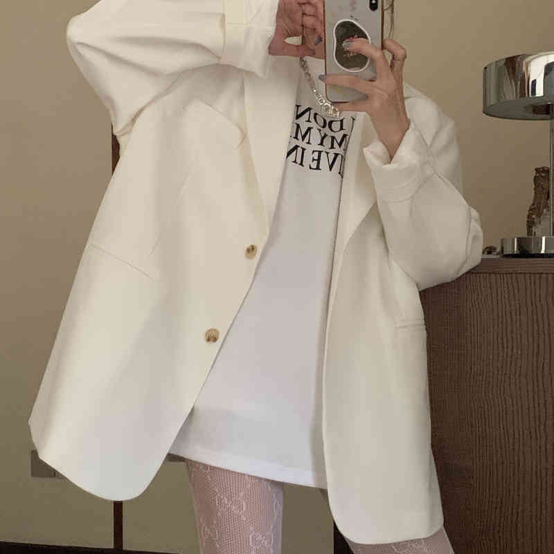 Spring Office Lady Streetwear Vintage Minimalist All Match Femme Loose Solid Jackets Casual Retro Blazers 210421