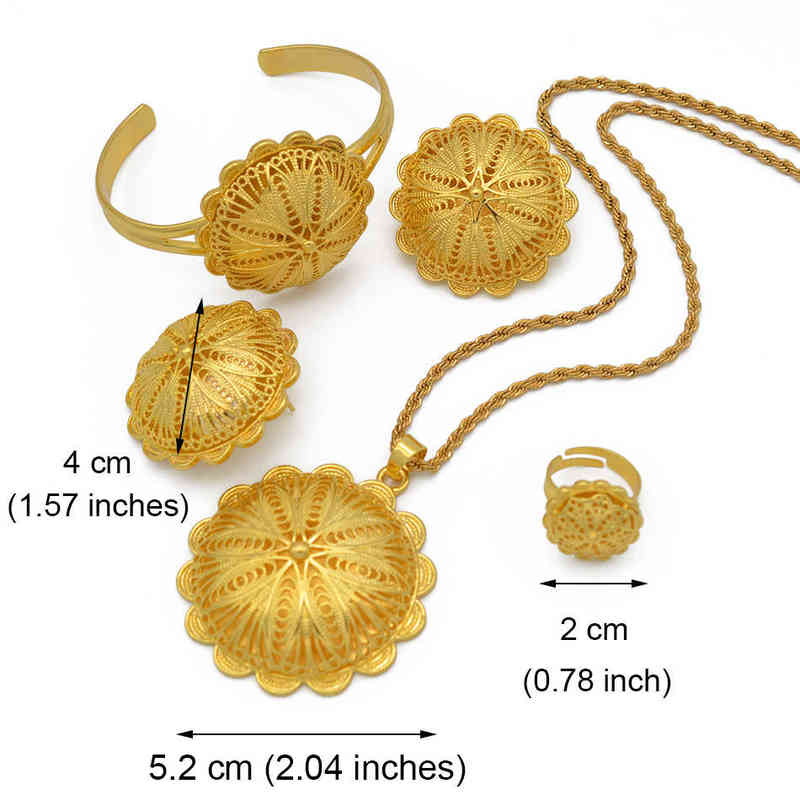 Anniyo Ethiopian Jewelry sets Pendant Necklaces Earrings Ring Bangles for Womens Gold Color Eritrean African Bride Gifts #207506 220105