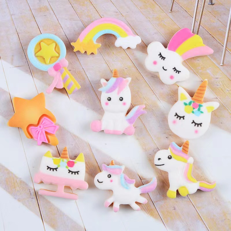 50Pcs/lots Cute Unicorn Components Crafts Rainbow Cartoon Flatback Planar Resin Bow Materials DIY Arts Crafts Sticker Accessories Mixed