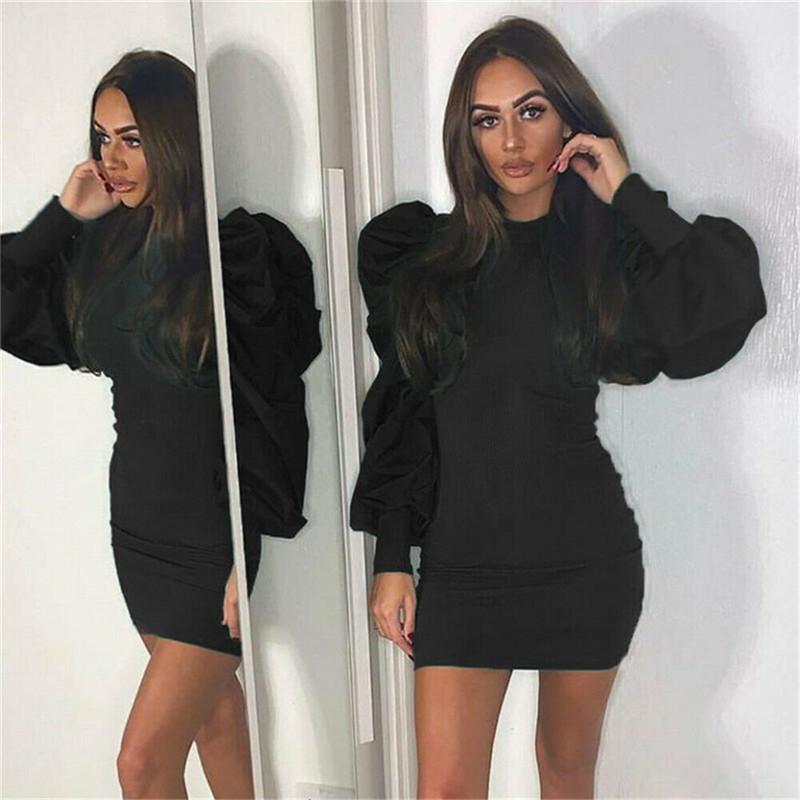Women Lady Elegant Long Puff Sleeve Pencil Dresses Sexy Patchwork Slim Club Party Bandage Bodycon Mini Dress Outfit Female 2021 Casual