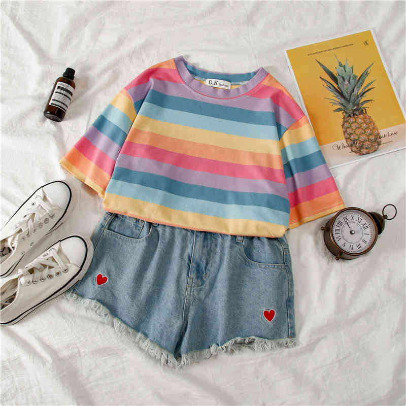 HWLZLTZHT Summer Rainbow Female Tshirt Striped Women's ShortSleeved Loose Shirt Women Cotton TShirt 210406