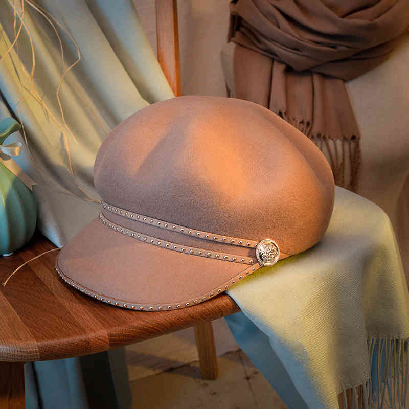 Autumn and Winter Rivet Octagonal Hat Female British Literary Beret Versatile Fashion Wool Tweed Duck Tongue Top