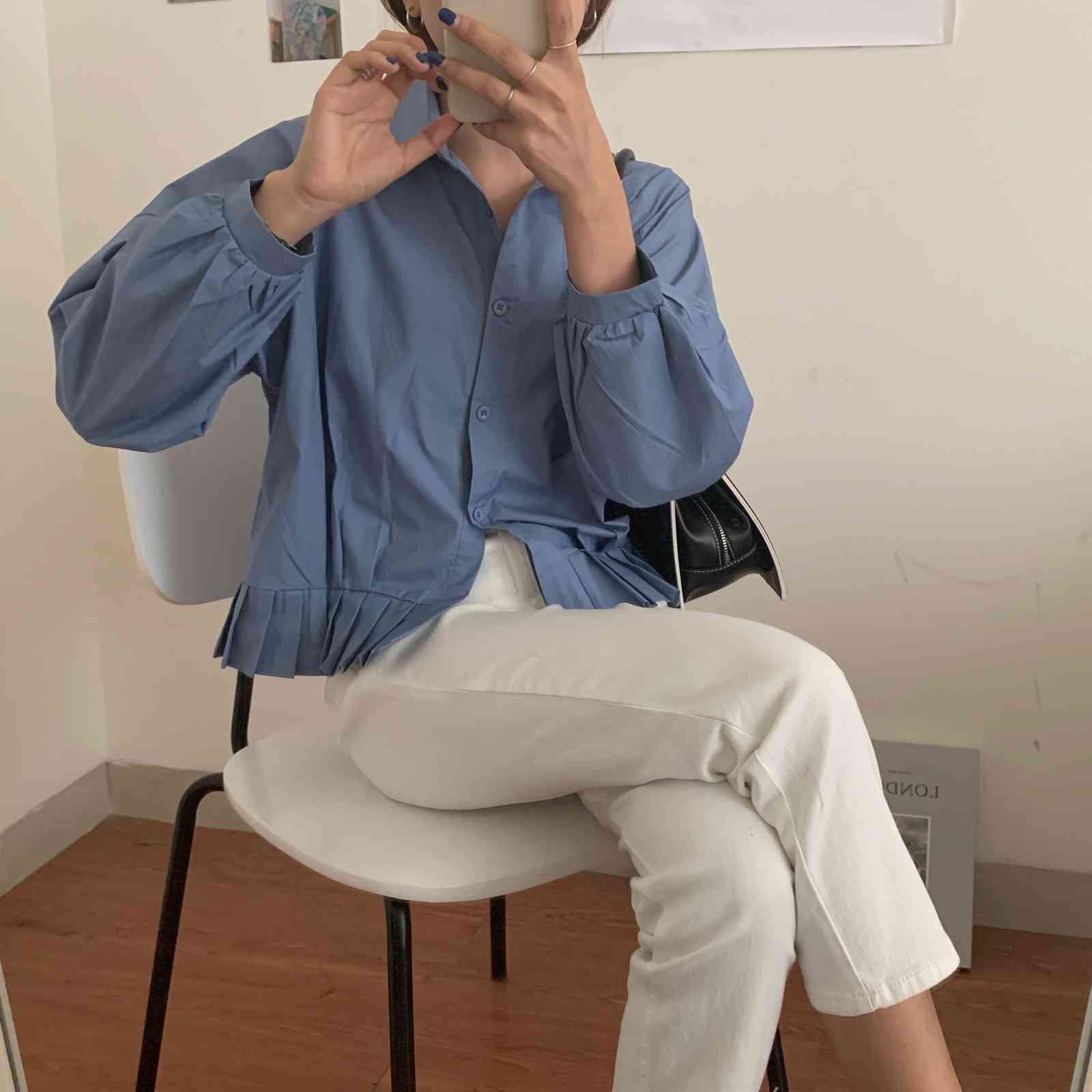 Blue Solid All Match Streetwear Clothe Fashion High Waist Casual OL Girls Tops Oversize Chic Loose Femme Shirts 210421