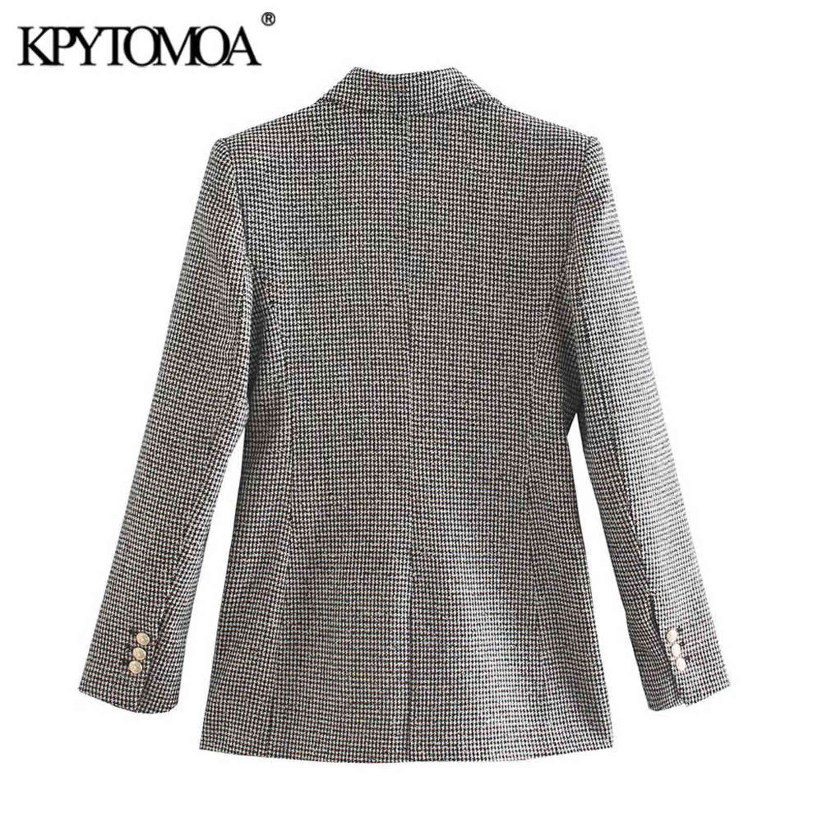 KPYTOMOA Women Fashion Houndstooth Fitted Blazer Coat Vintage Long Sleeve Flap Pockets Female Outerwear Chic Veste Femme 211122