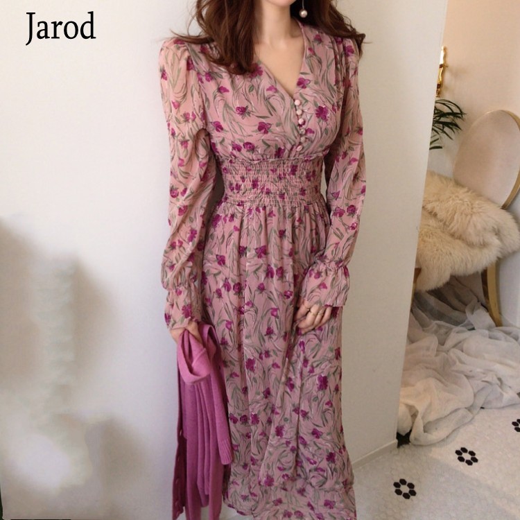 Elegant Women Chiffon Dress Autumn Fashion Female Long Sleeve Vintage Floral Print High waist Casual Chic Dresses 210518