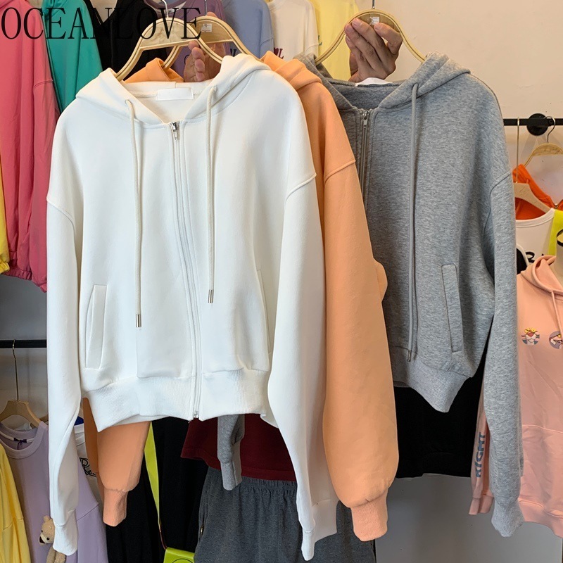 Autumn Sweatshirts Candy Color Solid S-XL Women Hoodies Korean Zipper Hooded Short Hoodie Sweet Tops 18488 210415