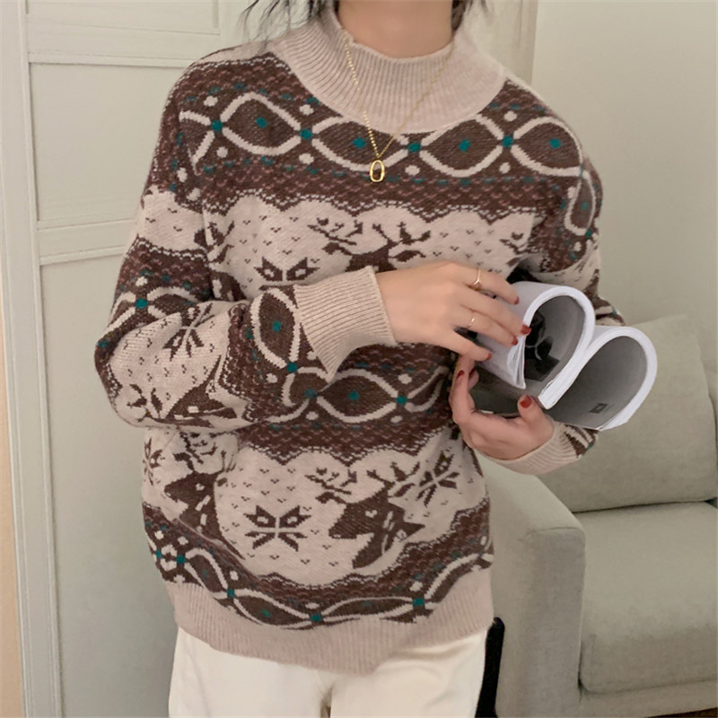Autumn Winter OL Outwear Vintage Red Print Christmas Pullover Tops Warm Sweater Women Elegant Loose Knitted Sweaters 210421