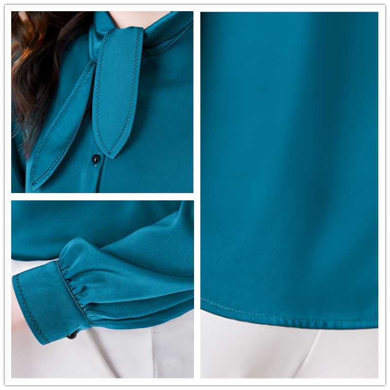 Korean Women Silk Blouses Woman Satin Bow Shirts Embroidery Top Plus Size Long Sleeve 210604