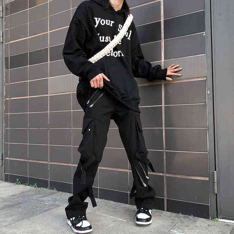 HOUZHOU Hip Hop Cargo Pants Men Fashion Punk Pants Zipper Hippie Black Cargo Trousers Streetwear Harajuku Gothic Mall Goth Pants 211112