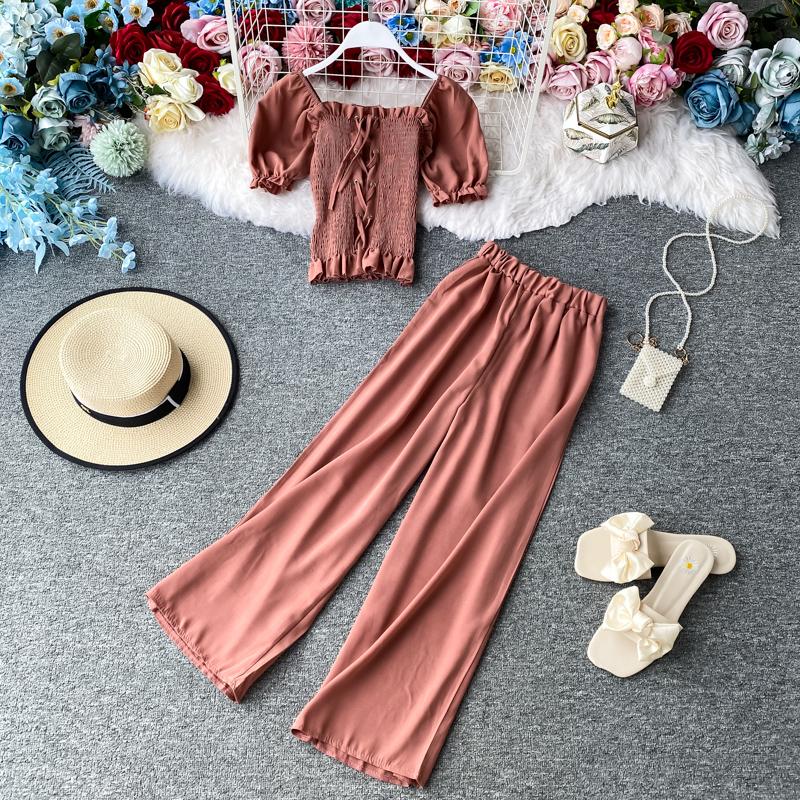 Sexy Short Sleeve Slim Bandage Tops And Wide Leg Pants Women Fashion Suit Set 2021 Summer Female Solid Casual Two Piece Dress