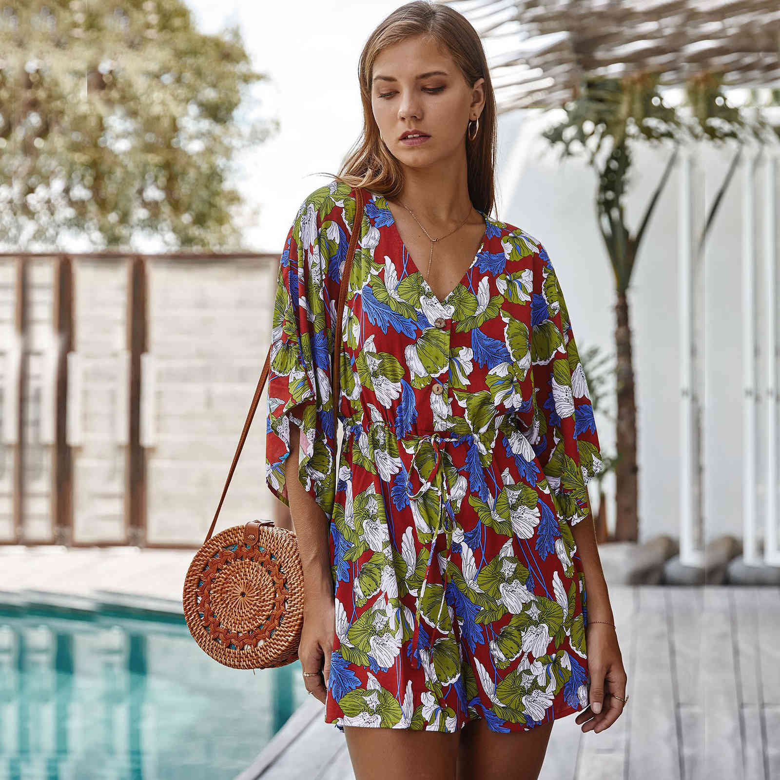 women summer Rompers&Playsuits Florals Print Short Sleeves Straight High Waist Loose Women's playSuit bohe beach wearing 210524
