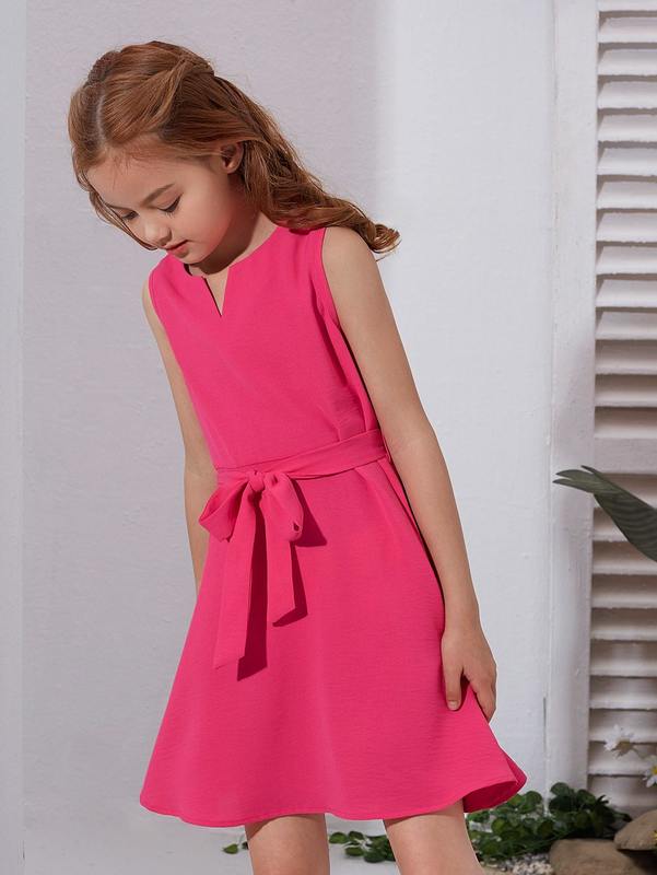 Girls Solid Belted Sleeveless Dress SHE
