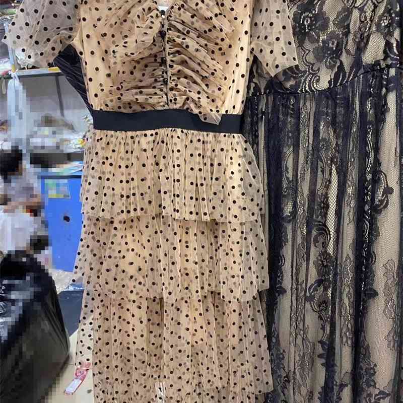 High Quality Arrival Runway Dot Party Birthday Dresses Vintage Summer V Neck Tulle Layered Ruffles Vestido Robes 210520