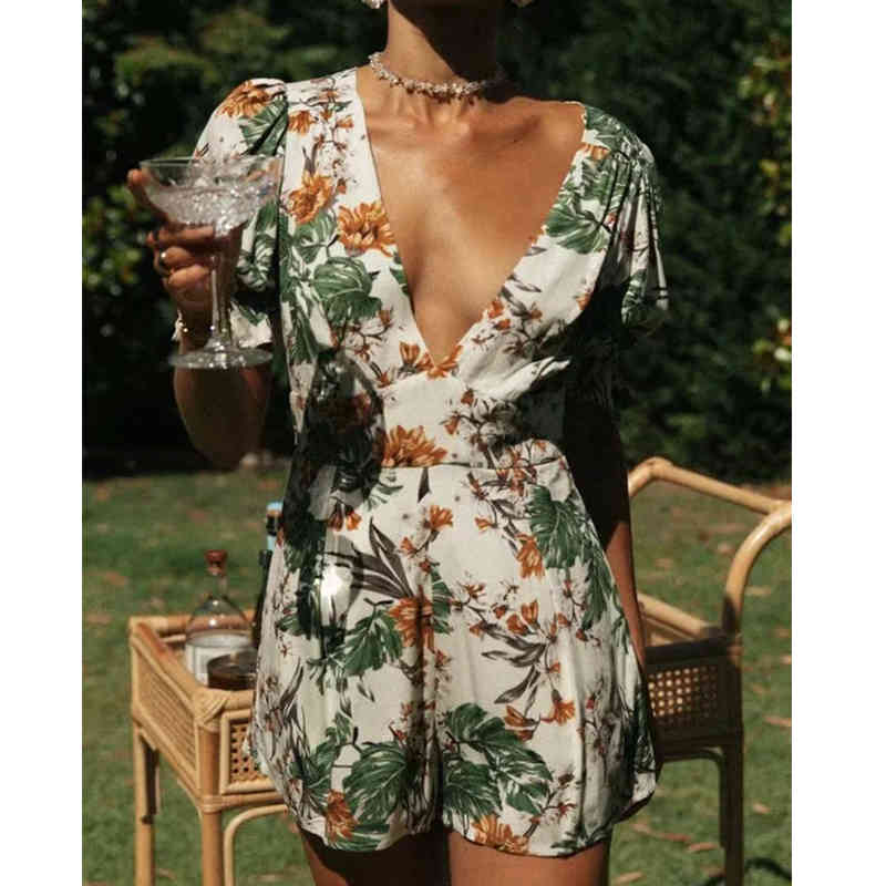 Foridol Deep V Neck Chiffon Romper Overall Puff Sleeve Wide Leg Summer Boho Playsuits Floral Print Green Short Jumpsuits 210415
