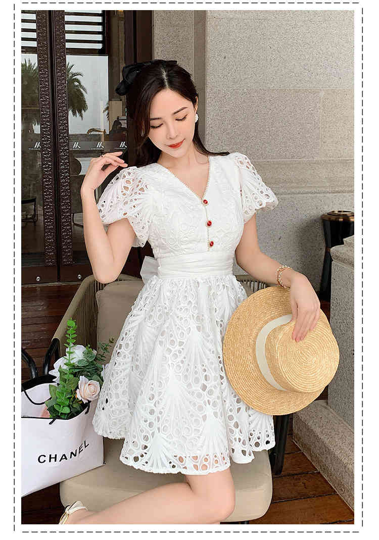 White Lace Hollow out Woman's Dress V-Neck High Waist Puff Sleeve Vestidos Summer Ladies Elegant Vintage Dress Female 210518