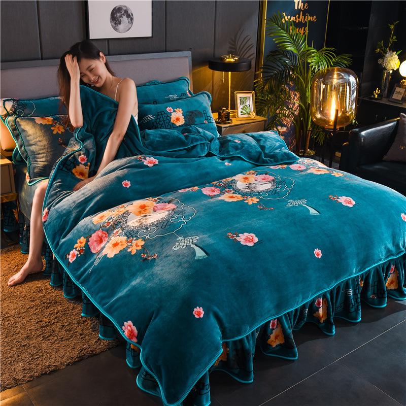 Milk Gold Velvet Four-piece Set Of Falle Coral Bed Dress Double-sided Falete Linen Bedding Sets