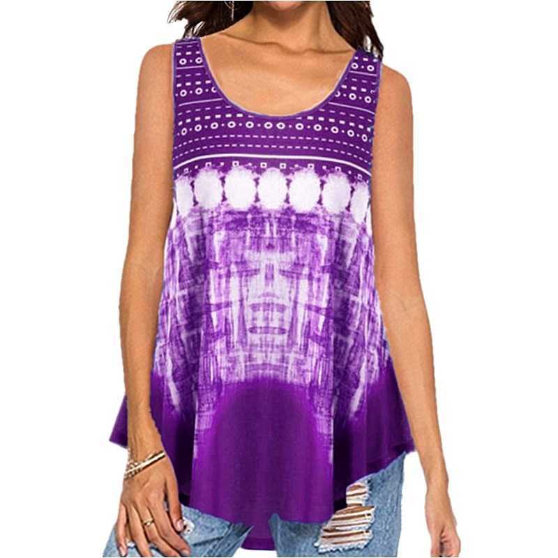Bohemian Vintage Tops Women Geometric Striped Print Sleeveless Tank Top Summer Round Neck Gradient Blue Oversize Loose Vest 210604