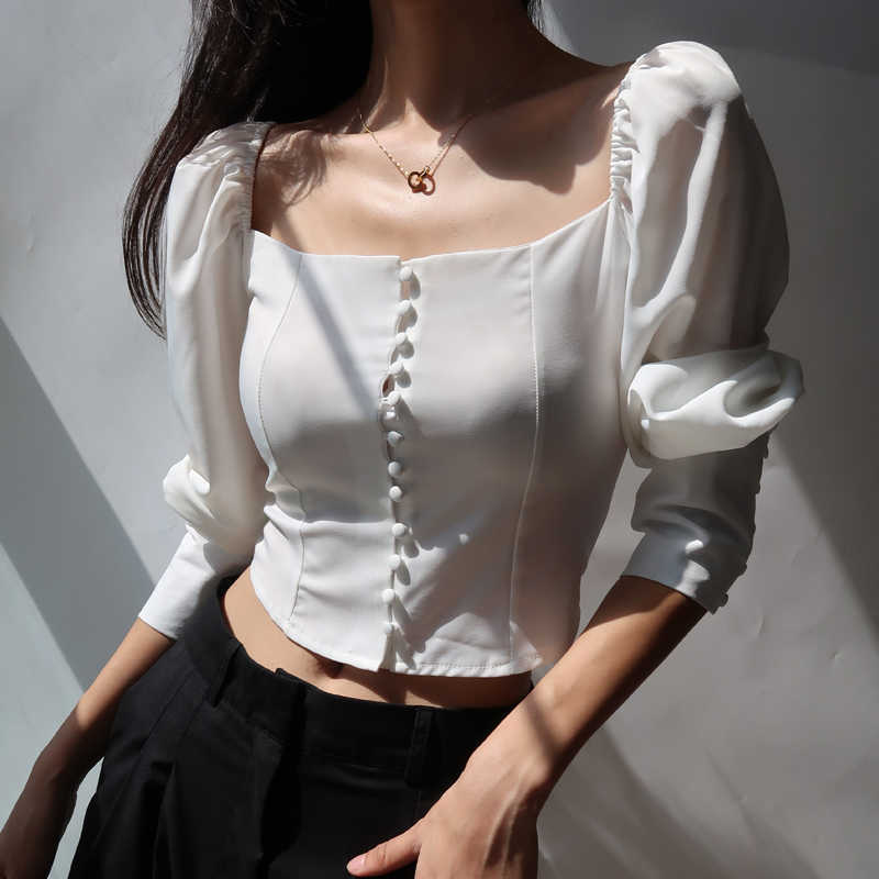 WOMENGAGA French Square Collar Single-breasted Long-sleeved Short Shirt Autumn Puff Sleeve Slim Blouse For Women CJIB 210603
