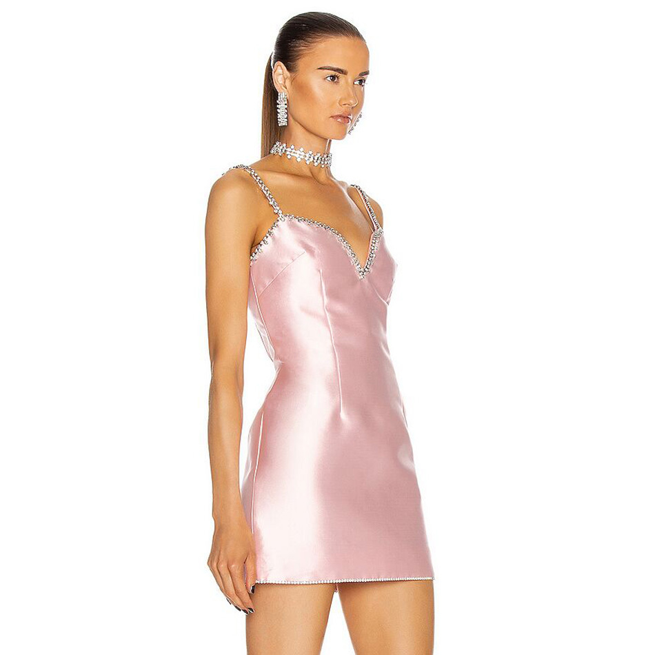 Free Sexy Spaghetti Diamond Strap Mini Dress Women's V-neck Sleeveless Bodycon Halter Club Night Party Vestido 210524