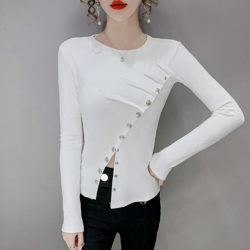 Kimutomo Irregular Long Sleeve T-shirt Spring Chic Fashion Ladies O-neck Oblique Buttons Split Slim Tops Knitwear Elegant 210521