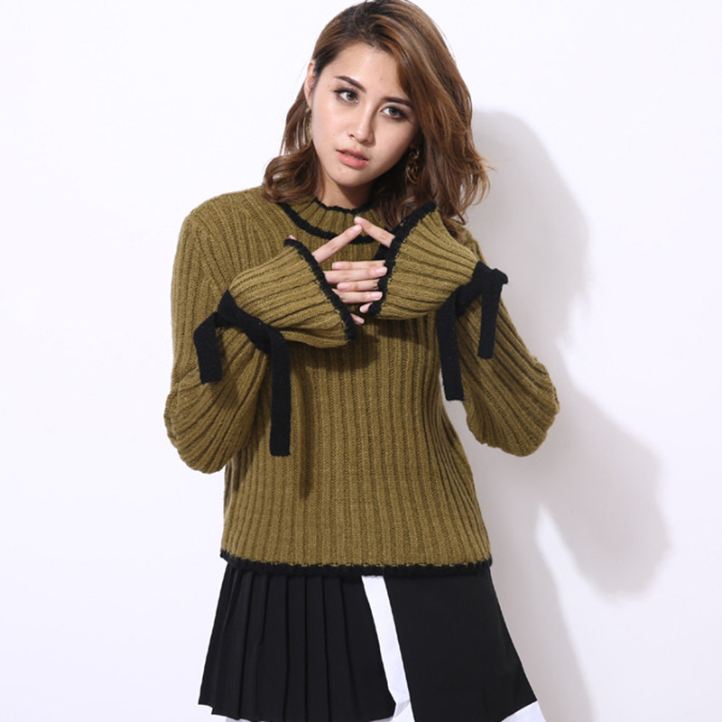 VGH Casual Lace Up Bowknot Sweater For Women Turtleneck Flare Sleeve Casual Basic Knitted Pullovers Female Fall Fashion New 210421