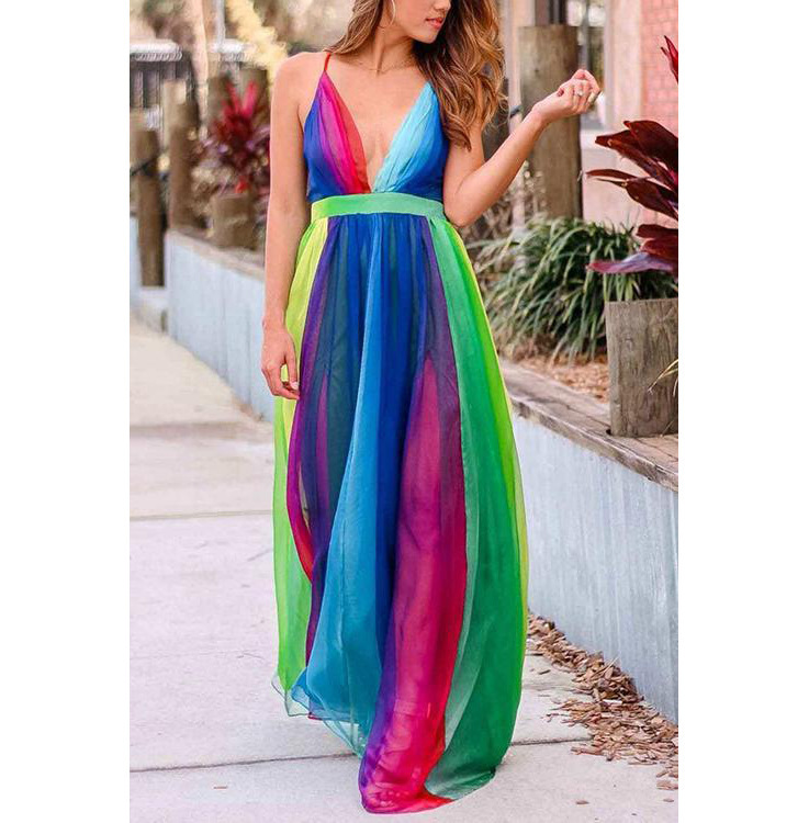 Women Dress Sleeveless V-neck Color Matching Sexy Bohemian Dresses For Plus Size Girls Summer 210524