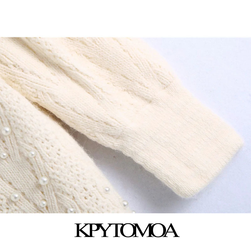 Women Fashion With Faux Pearls Knitted Sweater Bow Tie O Neck Puff Sleeve Female Pullovers Chic Tops 210420