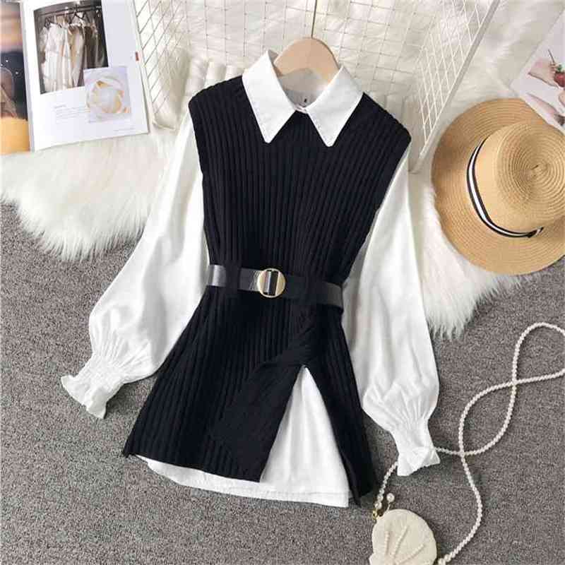 Two Pieces Set Korea Fashion Turn Down Collar Long Sleeve White Shirt + Sleeveless Chic knitted sweater Vest Top Sweet Suit 210519, Brown
Two Pieces Set Korea Fashion Turn Down Collar Long Sleeve White Shirt + Sleeveless Chic knitted sweater Vest Top Sweet Suit 210519, Brown