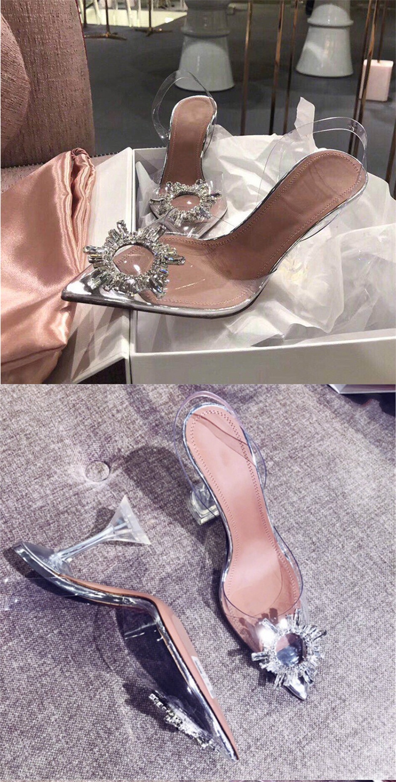7-9CM Rhinestones Women Bridal Shoe Pointed Transparent Sandals Summer Luxury Designer Wedding Shoes High Heels With Stiletto In Stock