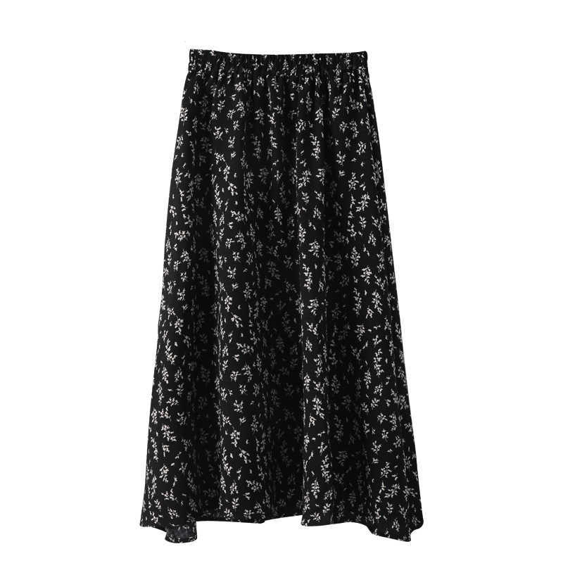Vintage Floral Print A-line Pleated Long Skirts winter Women Korean Streetwear Drawstring Elastic Waist Midi lined 210621