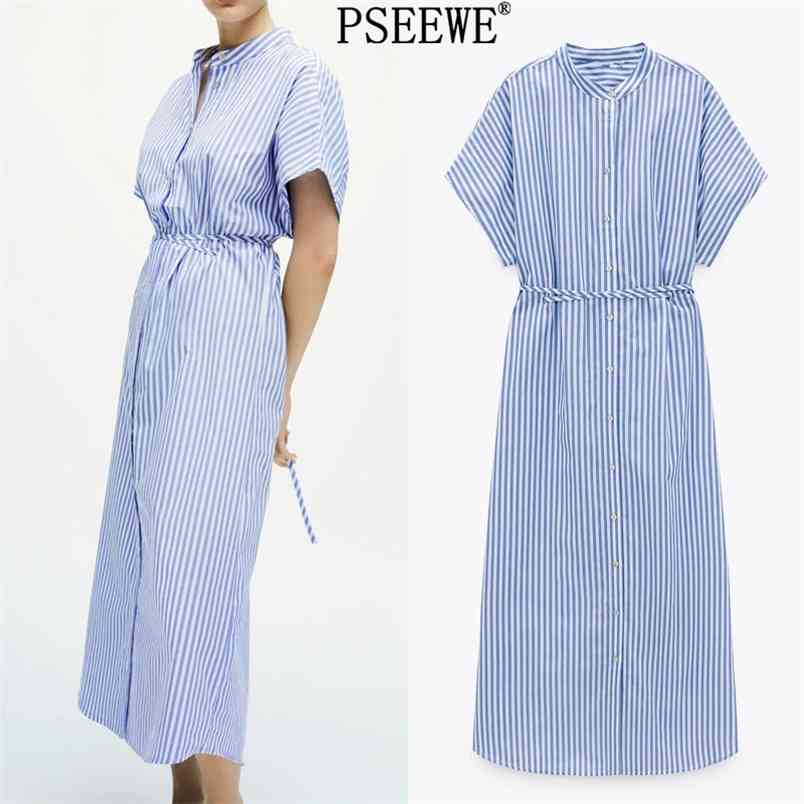 Blue Striped Woman Long Summer Dress Fashion Belt Wide Short Sleeve Midi Women Button Up Casual es 210519
Blue Striped Woman Long Summer Dress Fashion Belt Wide Short Sleeve Midi Women Button Up Casual es 210519