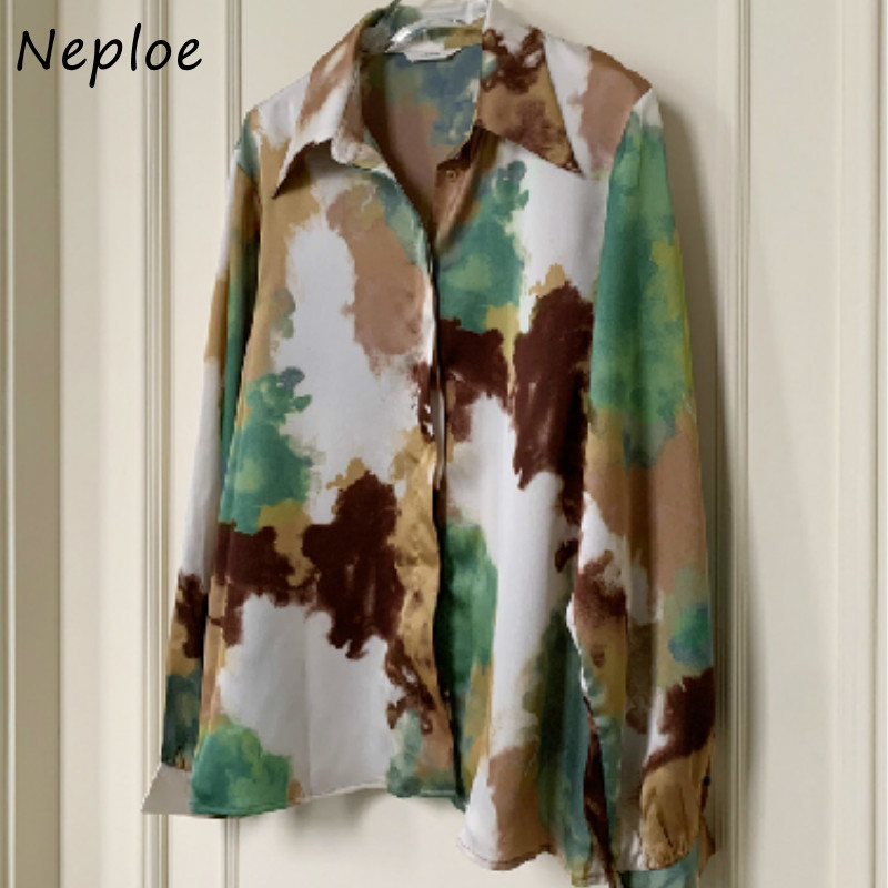 Vintage Print Ink Tie Dye Blouse Women Turn Down Collar Long Sleeve Single Breast Blusas Spring Loose Shirt Wild 210422