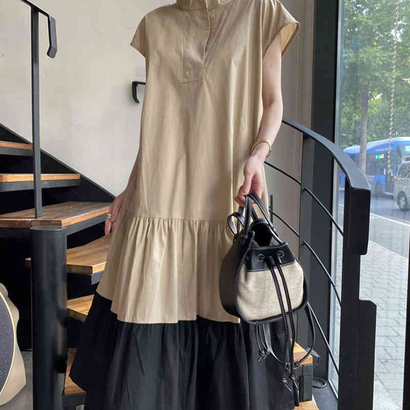 Contrast Patchwork Dress Women's Summer Stand Collor Lace Up Waist Loose Swing Short Flying Sleeve Dresses 210427