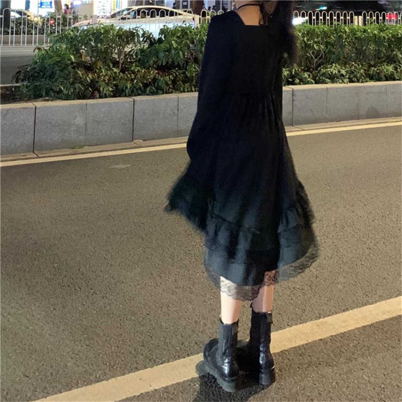 Gothic Women Black Fairy Party Dress Cross Square Collar Lolita Princess Irregular Cute Kawaii Lace Ruffles Chic 210623