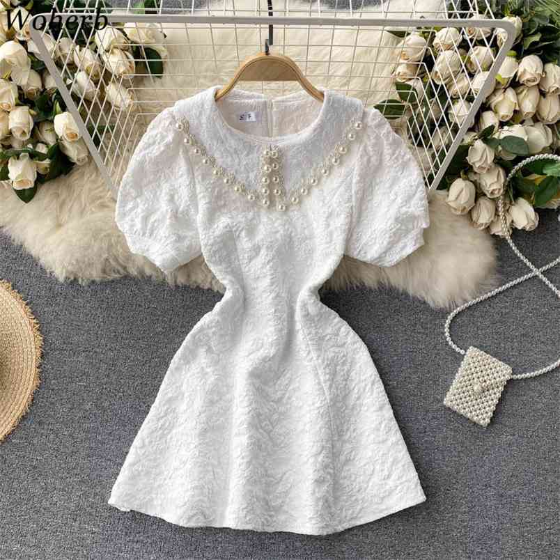 Elegant Dress Women Pearl Peter Pan Collar Puff Sleeve Mini Dresses Summer Robe Fashion Slim Waist White Vestidos 4h869 210519