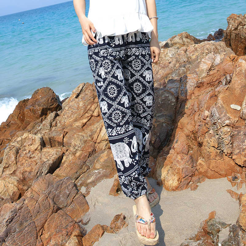 Summer selling Boho printed cotton trousers loose pants elephant printing elastic hem waist with pockets wholesale 211115