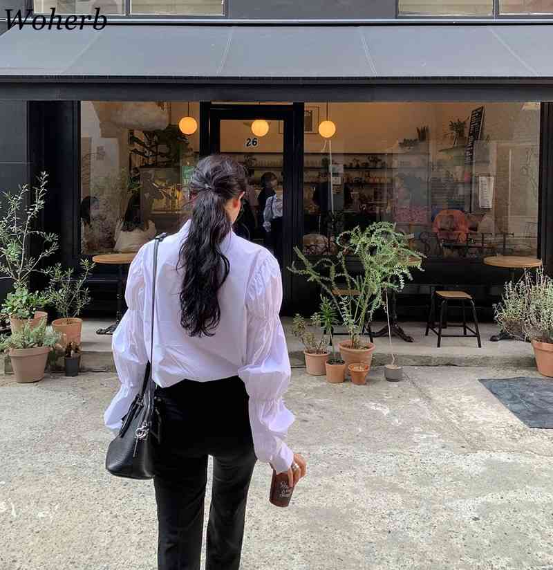 Korean Chic Women Blouses Fashion Female Shirts Single Breasted Puff Long Sleeve White Casual Blusas Mujer 210519