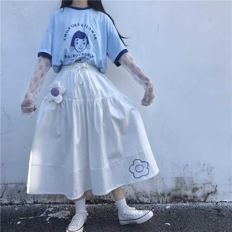 Women Spring Sweet Flower Embroidery Skirts Causal Lace Up High Waist Skirt A-line Mid-calf Faldas Mujer 6F454 210603