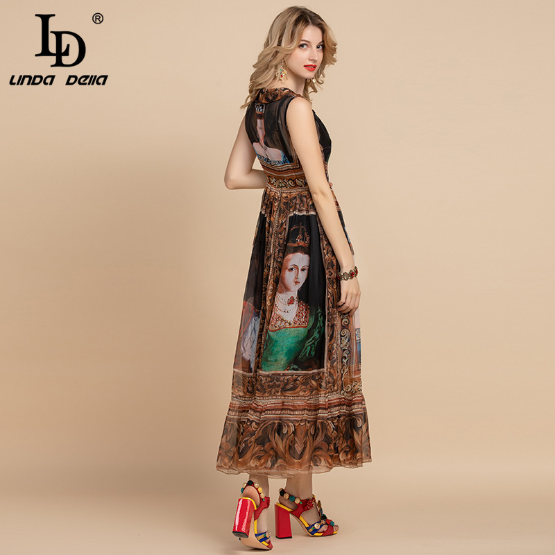 Summer Fashion Runway Vintage Long Dress Women's Sleeveless High waist Character Print Chiffon Dresses 210522