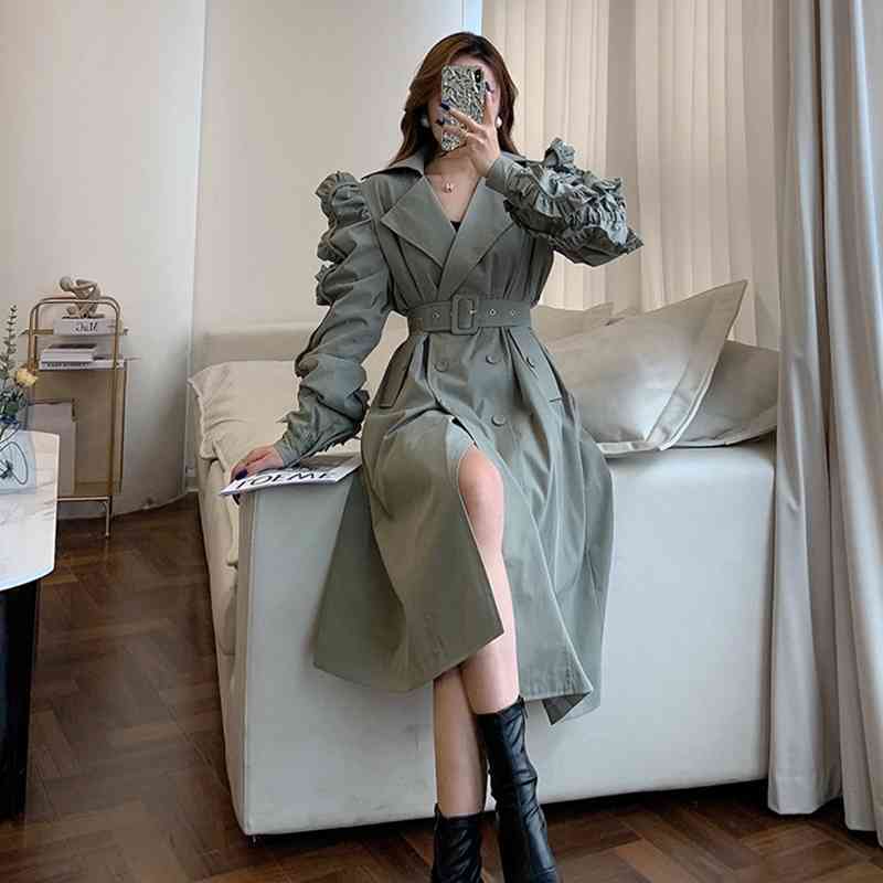 Korean Patchwork Ruffle Windbreaker For Women Lapel Long Sleeve Sashes Black Casual Trench Female Fashion Spring 210524