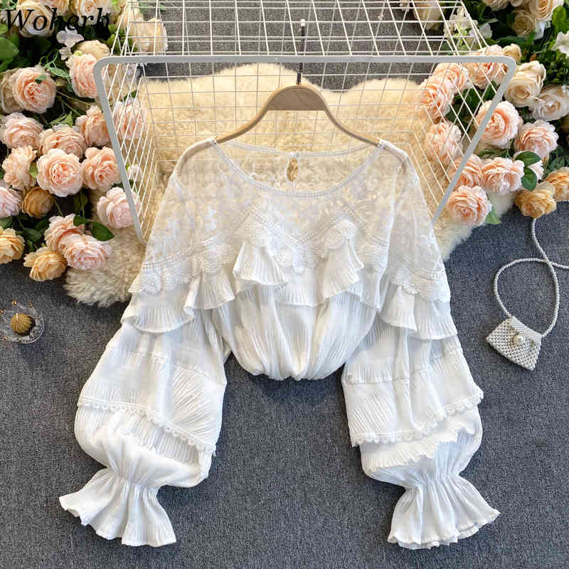 Women Sweet Ruffle Chiffon Blouse Spring Summer Long Sleeve Sexy Mesh Shirts Ladies Lace Blusas Korean Tops Clothes Mujer 210519