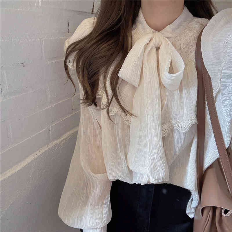 QOERLIN Chic Temperament Lotus Sleeve Bowtie Long Sleeve Shirt Women Pleated Chiffon Shirt Tops Mesh Sexy See Through Tops Shirt 210412