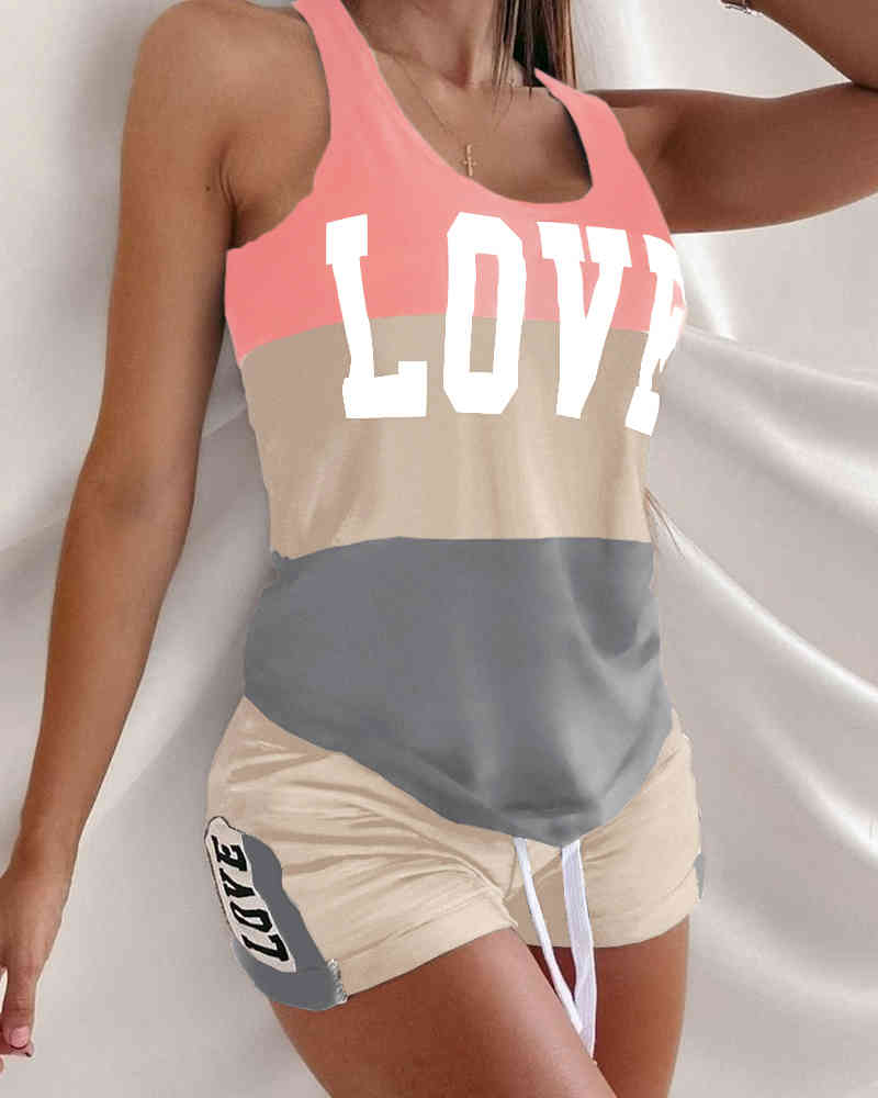 Spring Summer Women's Tank & Shorts Set Valentine's Day New Top & Short Pants Set Femme Heart Print Casual Homewear 210415