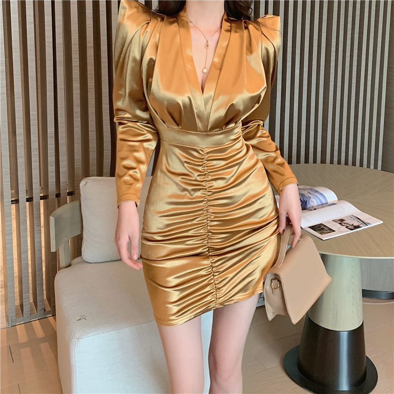Autumn new design womens sexy deep v-neck puff long sleeve satin glossy fabric drapped bodycon tunic pencil dress