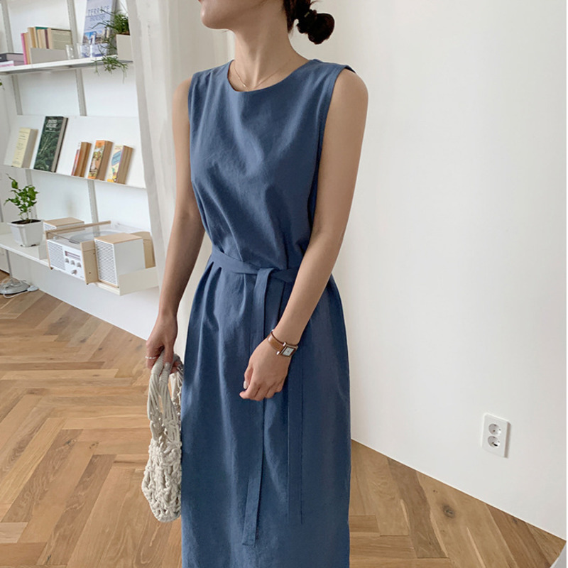 Casual Midi Dress Cotton Hemp Sleeveless Vest Belt Temperament Loose Fashion Summer Women's High Waist 210526